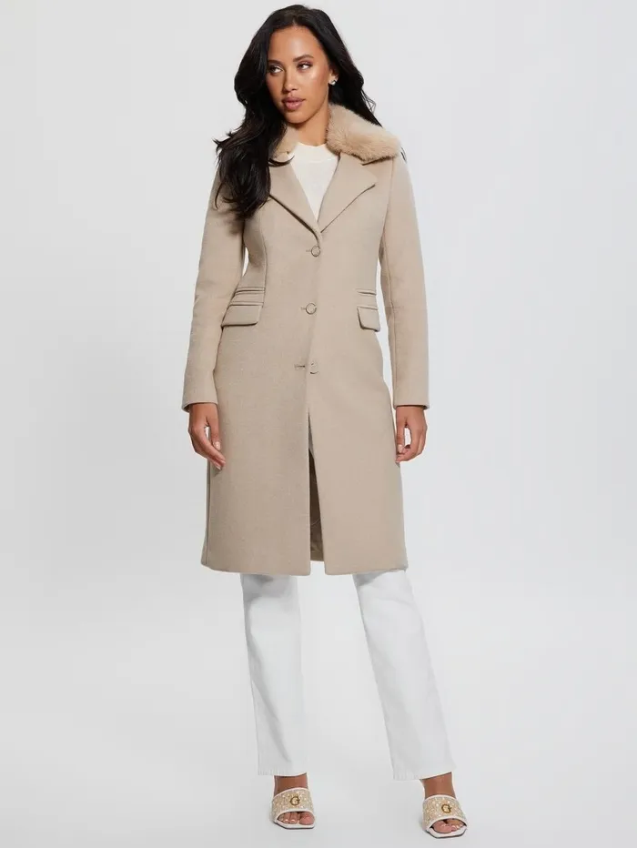 GUESS Jackets and Coats Women Eco Laurence FauxFur Midi Coat Cemento GUESS Jackets and Coats Women Eco Laurence FauxFur Midi Coat Cemento