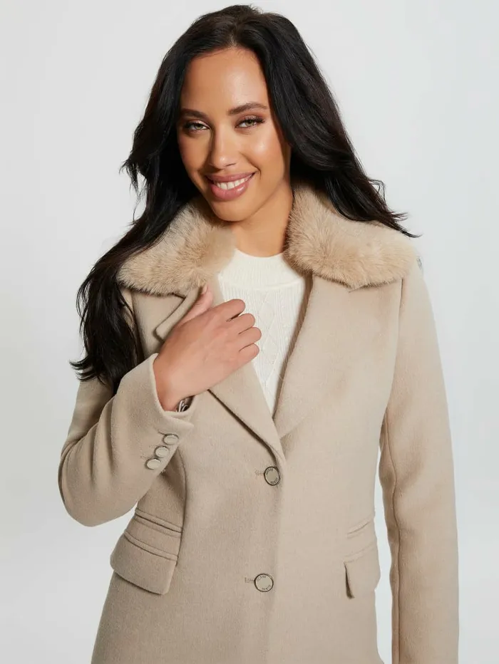 GUESS Jackets and Coats Women Eco Laurence FauxFur Midi Coat Cemento GUESS Jackets and Coats Women Eco Laurence FauxFur Midi Coat Cemento