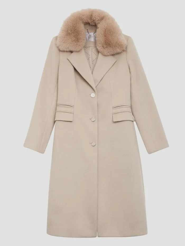 GUESS Jackets and Coats Women Eco Laurence FauxFur Midi Coat Cemento GUESS Jackets and Coats Women Eco Laurence FauxFur Midi Coat Cemento