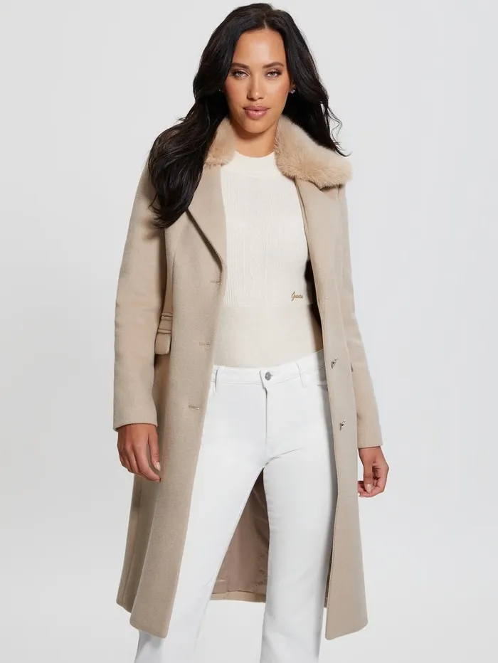 GUESS Jackets and Coats Women Eco Laurence FauxFur Midi Coat Cemento GUESS Jackets and Coats Women Eco Laurence FauxFur Midi Coat Cemento