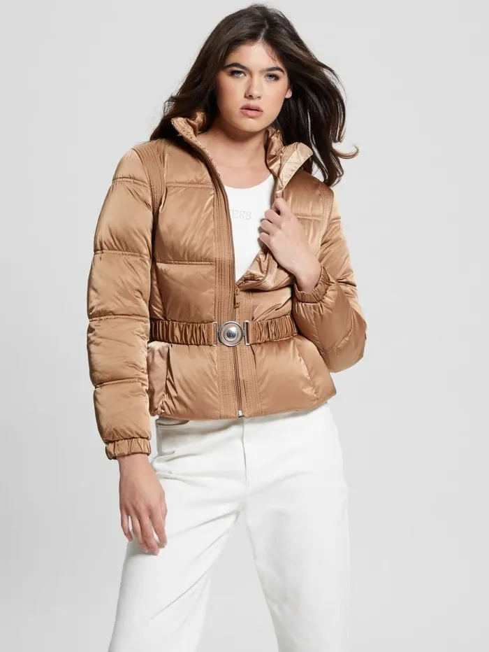 GUESS Jackets and Coats Women Eco Lucia Belt Bag Puffer Jacket Wet Sand Multi