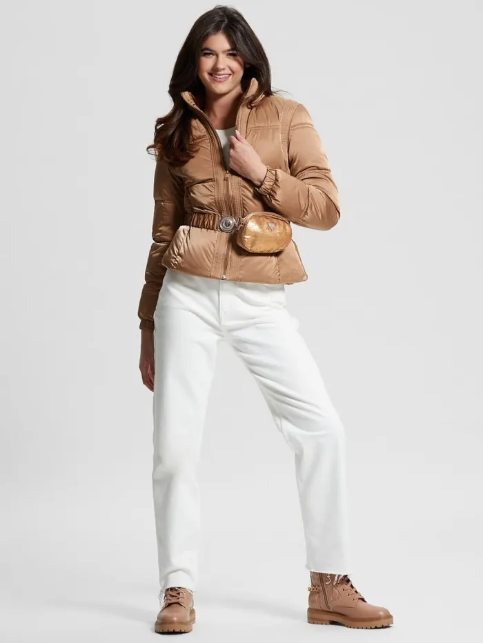 GUESS Jackets and Coats Women Eco Lucia Belt Bag Puffer Jacket Wet Sand Multi GUESS Jackets and Coats Women Eco Lucia Belt Bag Puffer Jacket Wet Sand Multi