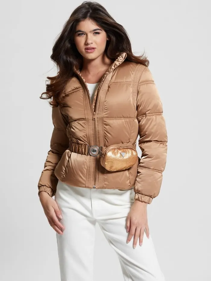 GUESS Jackets and Coats Women Eco Lucia Belt Bag Puffer Jacket Wet Sand Multi GUESS Jackets and Coats Women Eco Lucia Belt Bag Puffer Jacket Wet Sand Multi