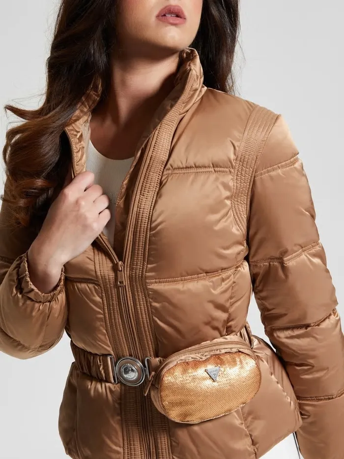 GUESS Jackets and Coats Women Eco Lucia Belt Bag Puffer Jacket Wet Sand Multi GUESS Jackets and Coats Women Eco Lucia Belt Bag Puffer Jacket Wet Sand Multi