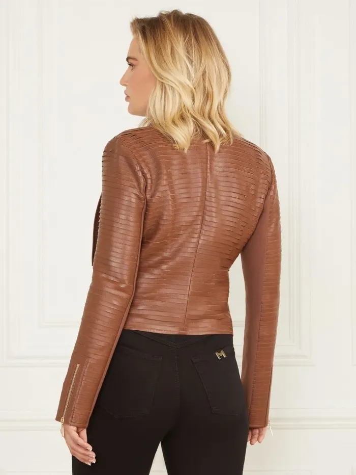 GUESS Jackets and Coats Women Shayna Drape Leather Jacket Brown Beauty GUESS Jackets and Coats Women Shayna Drape Leather Jacket Brown Beauty