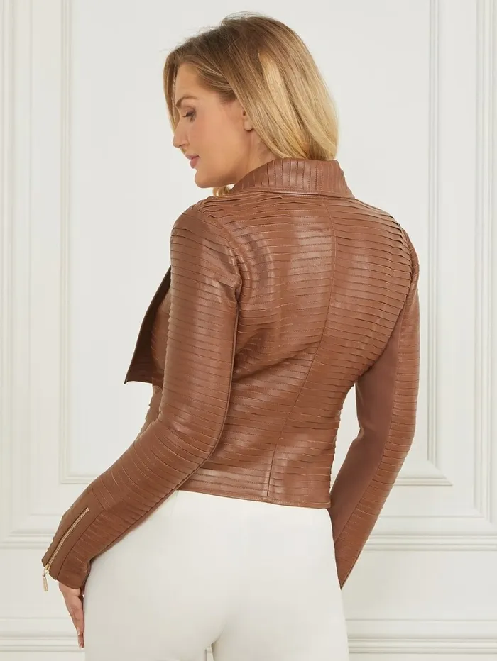 GUESS Jackets and Coats Women Shayna Drape Leather Jacket Brown Beauty GUESS Jackets and Coats Women Shayna Drape Leather Jacket Brown Beauty