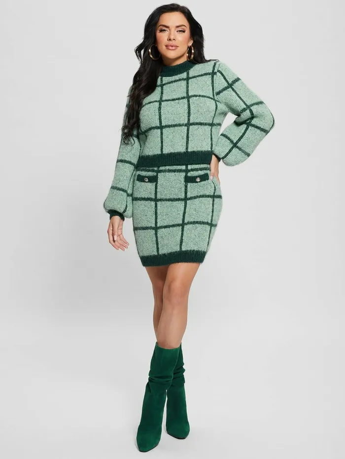 GUESS Nadia Plaid Sweater Skirt Green Check Women Bottoms