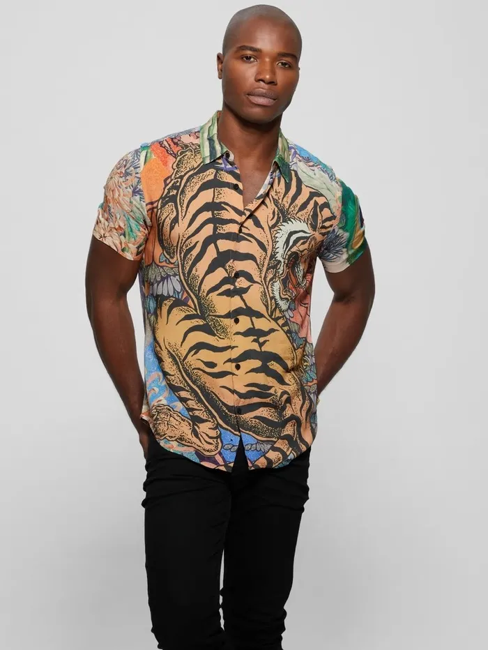 GUESS Shirts Men Eco Rayon Bonsai Tiger Shirt Bonsai Tiger Print