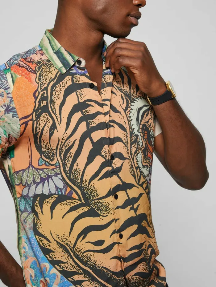 GUESS Shirts Men Eco Rayon Bonsai Tiger Shirt Bonsai Tiger Print GUESS Shirts Men Eco Rayon Bonsai Tiger Shirt Bonsai Tiger Print