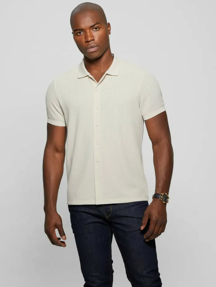 GUESS Shirts Men Pointelle Knit Shirt Birch Bark GUESS Shirts Men Pointelle Knit Shirt Birch Bark