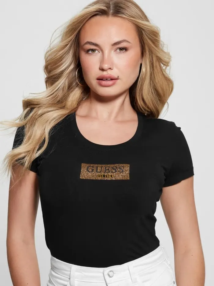 GUESS Studded Box Tee Black Women Tops GUESS Studded Box Tee Black Women Tops