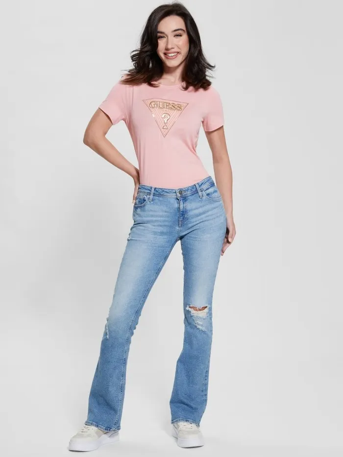 GUESS Tops Women Eco MultiTone Sequin Logo Tee Smooth Pink
