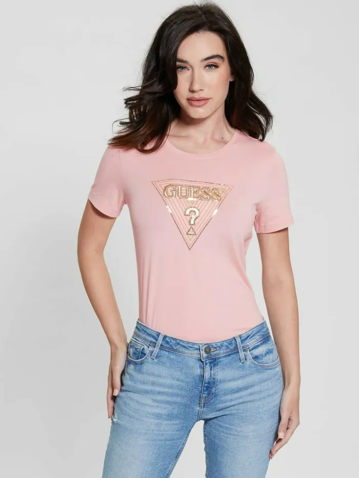 GUESS Tops Women Eco MultiTone Sequin Logo Tee Smooth Pink