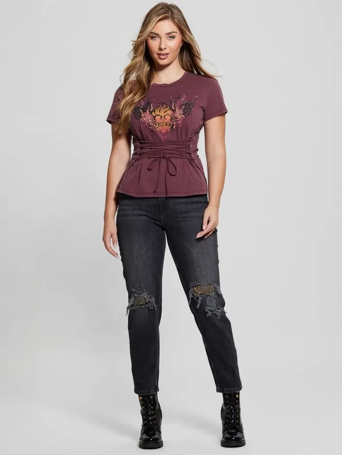 GUESS Tops Women Heart Aflame Graphic LaceUp Tee Mystic Wine Multi GUESS Tops Women Heart Aflame Graphic LaceUp Tee Mystic Wine Multi