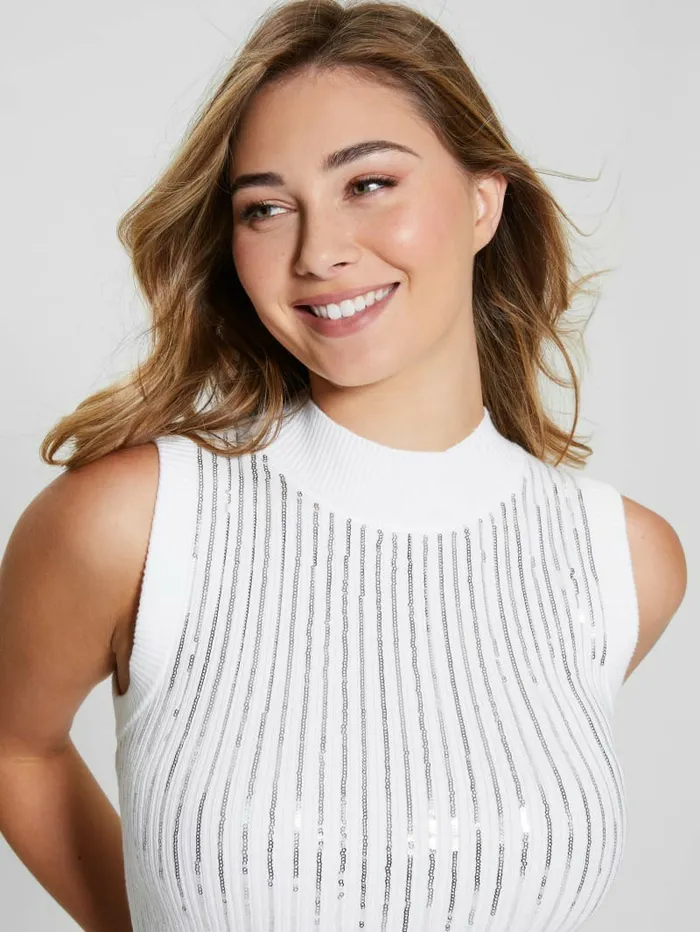 GUESS Vivian Sequin Tank Top Pure White Women Sweaters and Knits