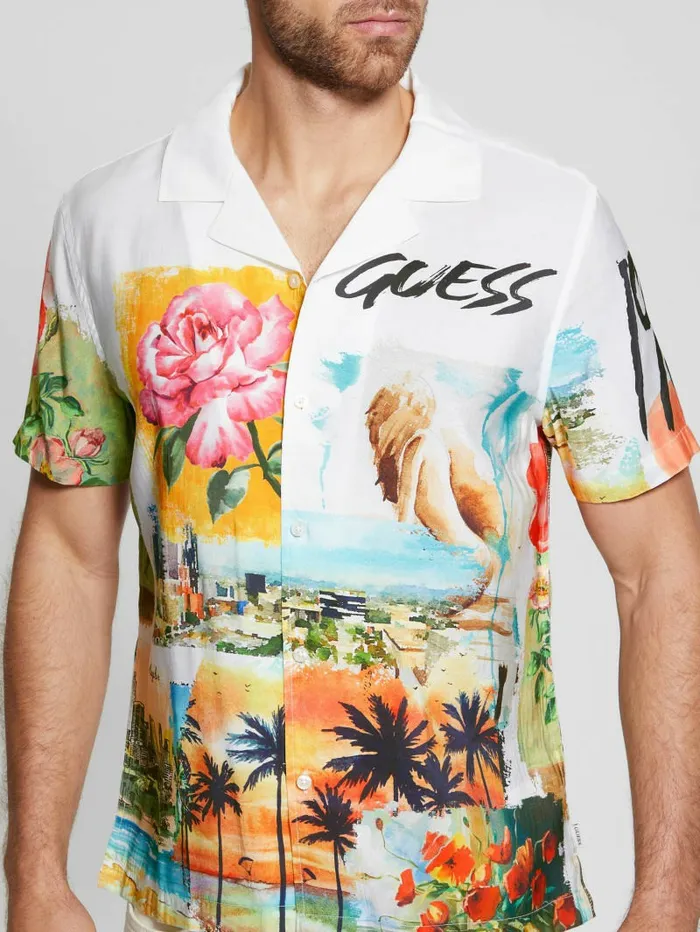 GUESS Watercolor Sandwashed Woven Camp Shirt Still Life Men Shirts