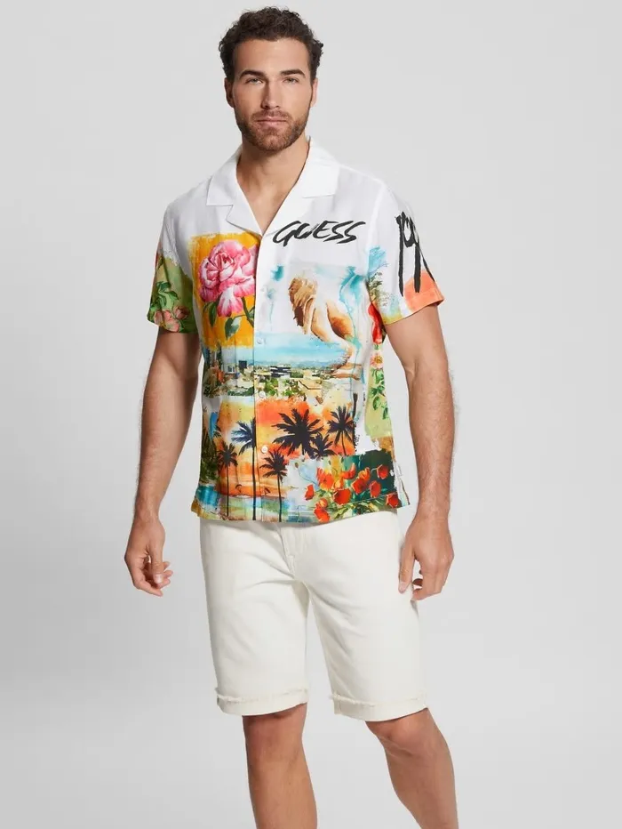 GUESS Watercolor Sandwashed Woven Camp Shirt Still Life Men Shirts GUESS Watercolor Sandwashed Woven Camp Shirt Still Life Men Shirts