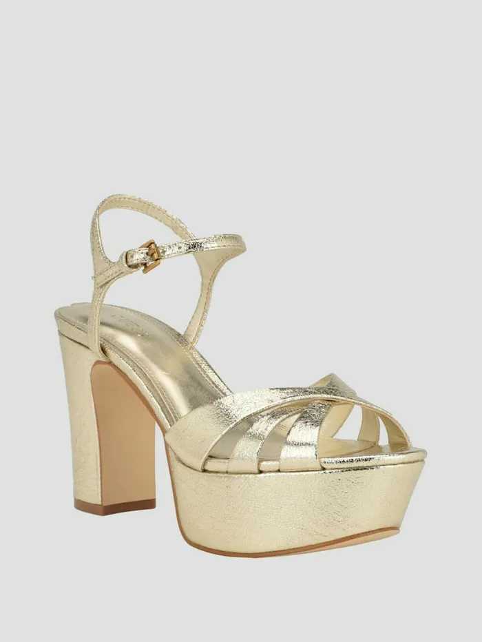 Haylo Crisscross Platform Block Heels Gold Heels GUESS Women