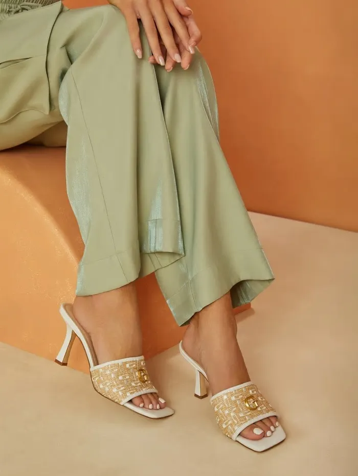 Heels GUESS Women Yana Straw G Logo Heeled Mules Light Natural 110