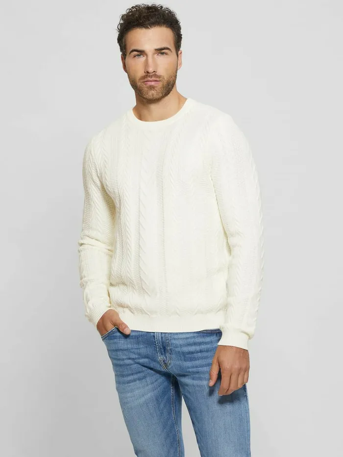 Hoodies and Sweaters Men GUESS Eco Ethan Cable Knit Sweater Dove White