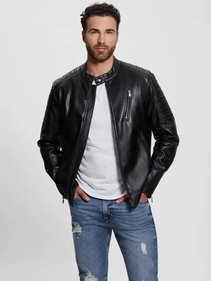 Jackets and Coats FauxLeather Biker Jacket Black 8211 GUESS Men Jackets and Coats FauxLeather Biker Jacket Black 8211 GUESS Men