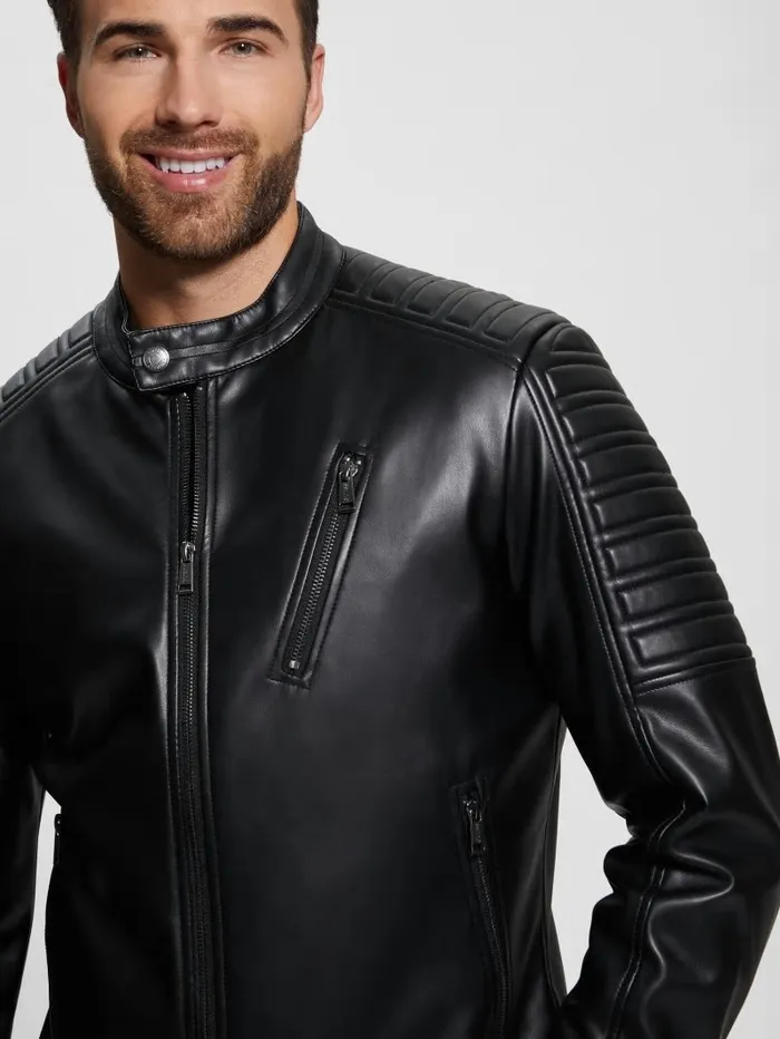 Jackets and Coats FauxLeather Biker Jacket Black 8211 GUESS Men Jackets and Coats FauxLeather Biker Jacket Black 8211 GUESS Men