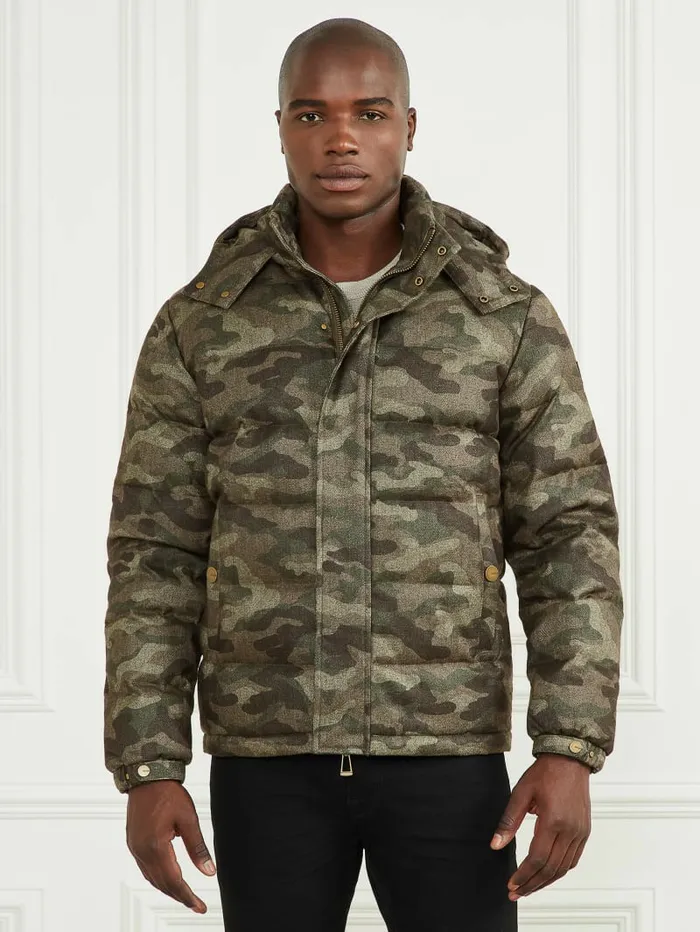 Jackets and Coats Men Hooded Puffer Jacket Camou Herringbone Melange GUESS