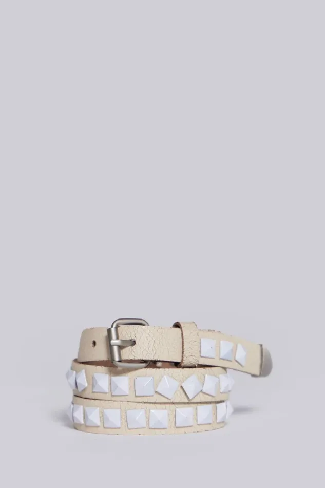 Jaded London Accessories Men Pyramid Stud Cracked Off White Leather Belt White