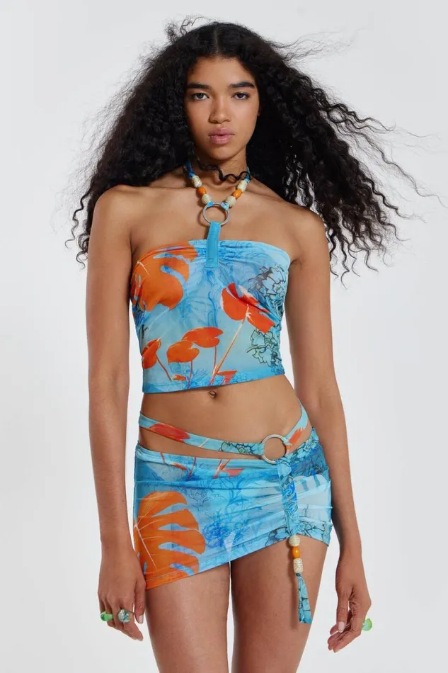 Jaded London Beach CoOrds Women Cora Ruched Mesh Skirt Blue