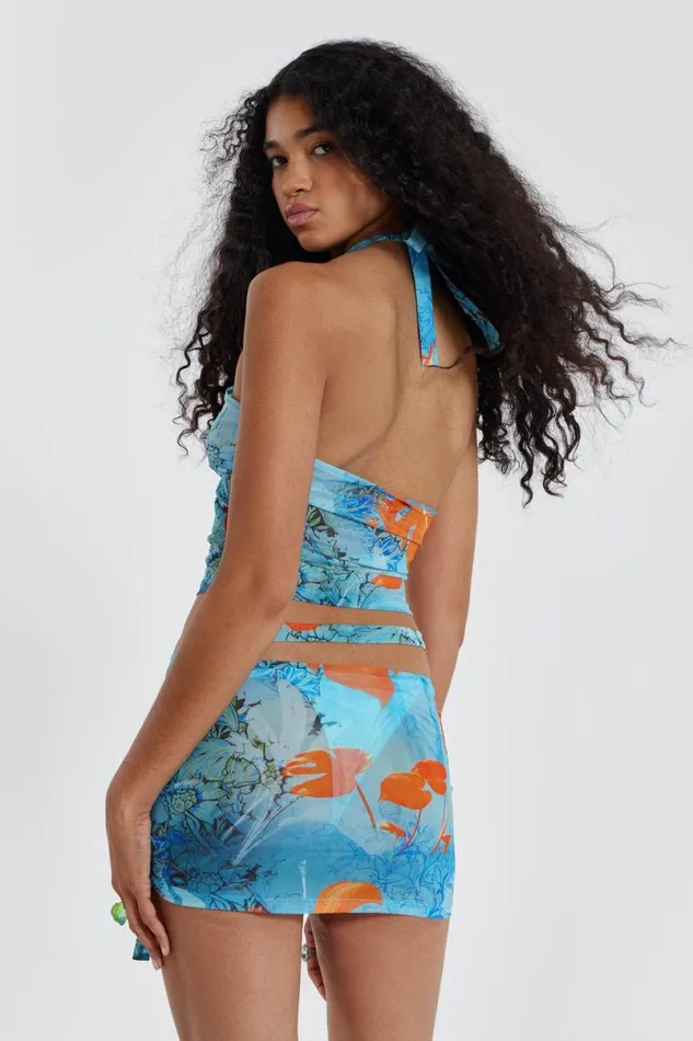 Jaded London Beach CoOrds Women Cora Ruched Mesh Skirt Blue