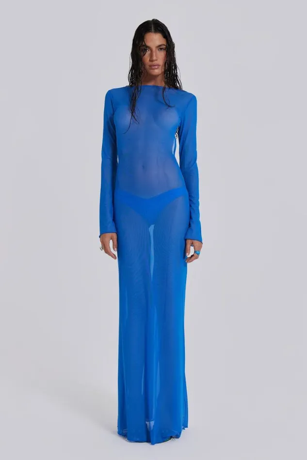 Jaded London Beach Cover Ups Women Ziva Sheer Maxi Beach Dress Blue