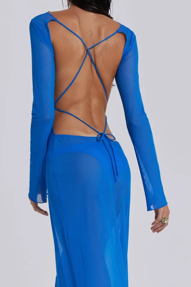 Jaded London Beach Cover Ups Women Ziva Sheer Maxi Beach Dress Blue