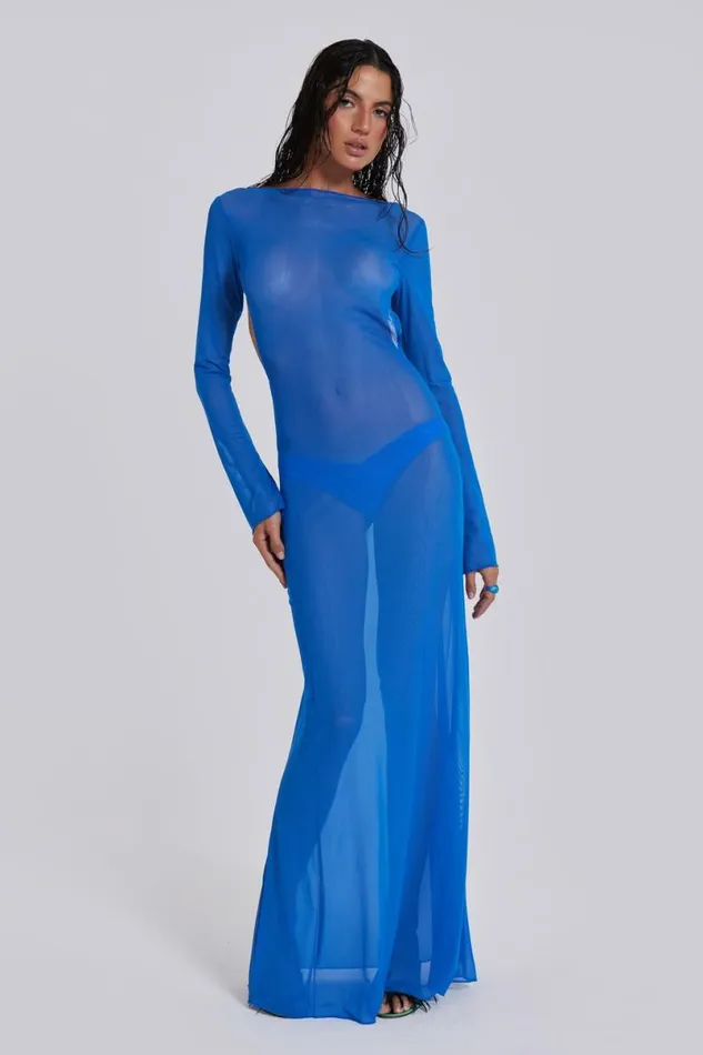 Jaded London Beach Cover Ups Women Ziva Sheer Maxi Beach Dress Blue