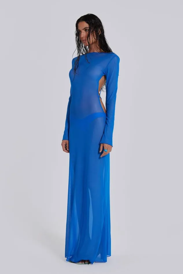 Jaded London Beach Cover Ups Women Ziva Sheer Maxi Beach Dress Blue