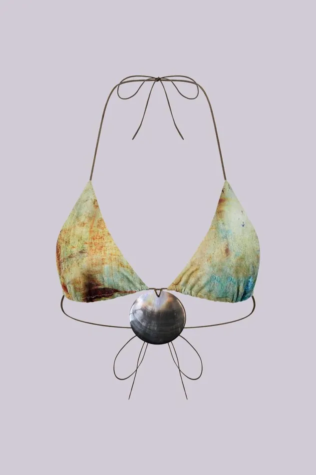 Jaded London Bikini Tops Women Cantha Micro Triangle Bikini Top With Shell Trim In Lagoon Multi