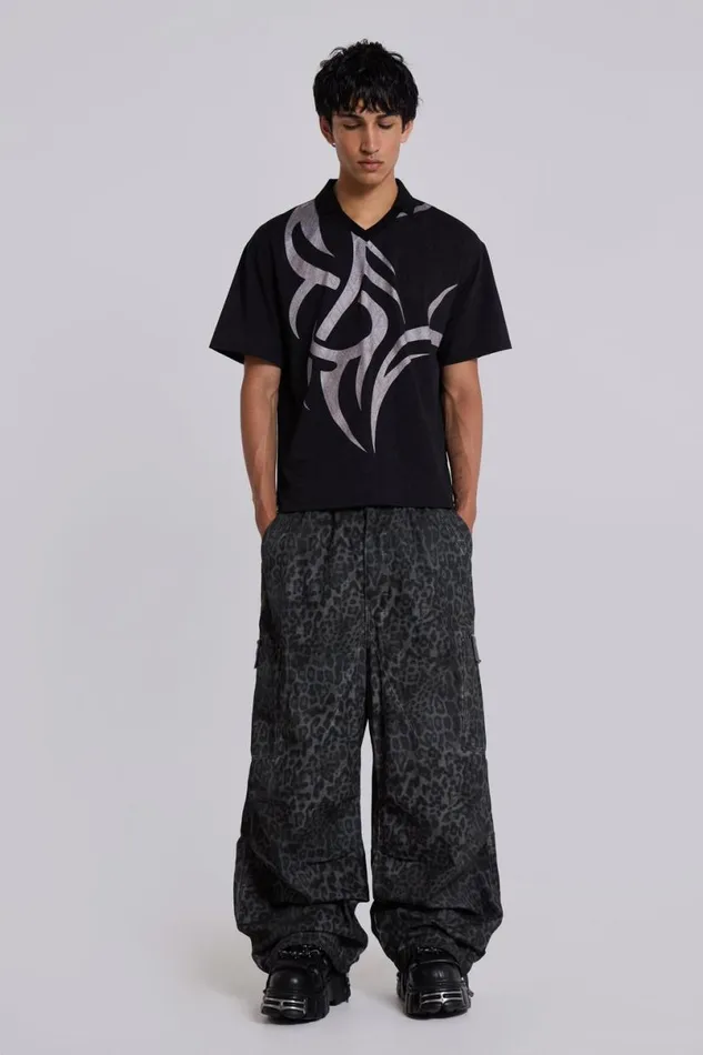 Jaded London Cargo Pants Men Charcoal Leopard Parachute Pants Grey Leopard