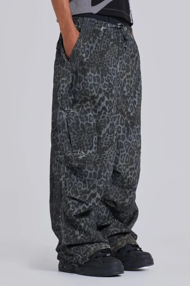 Jaded London Cargo Pants Men Charcoal Leopard Parachute Pants Grey Leopard