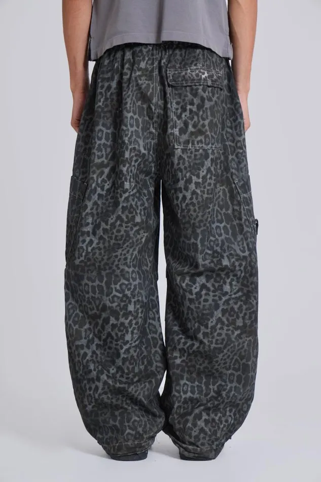 Jaded London Cargo Pants Men Charcoal Leopard Parachute Pants Grey Leopard