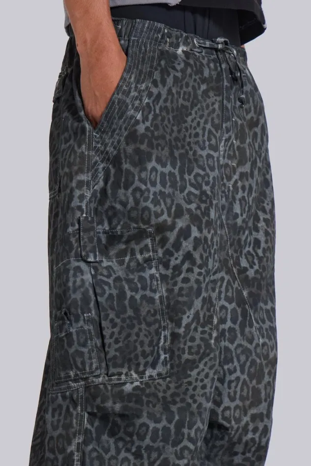 Jaded London Cargo Pants Men Charcoal Leopard Parachute Pants Grey Leopard