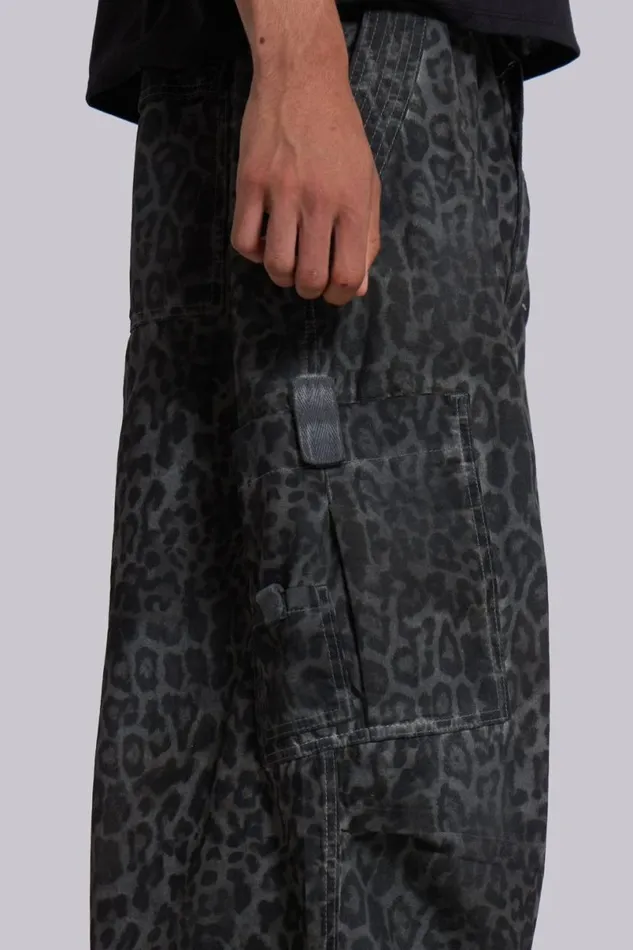 Jaded London Cargo Pants Men Charcoal Leopard Parachute Pants Grey Leopard