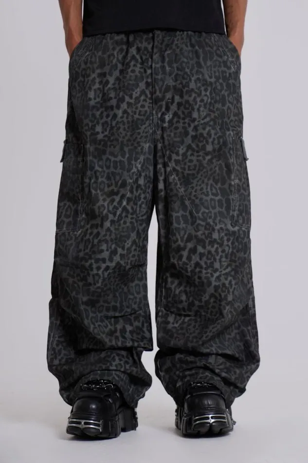 Jaded London Cargo Pants Men Charcoal Leopard Parachute Pants Grey Leopard