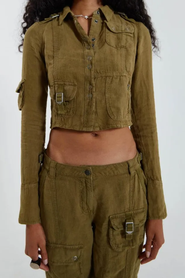 Jaded London CoOrds Women Devon Linen Cargo Shirt Khaki