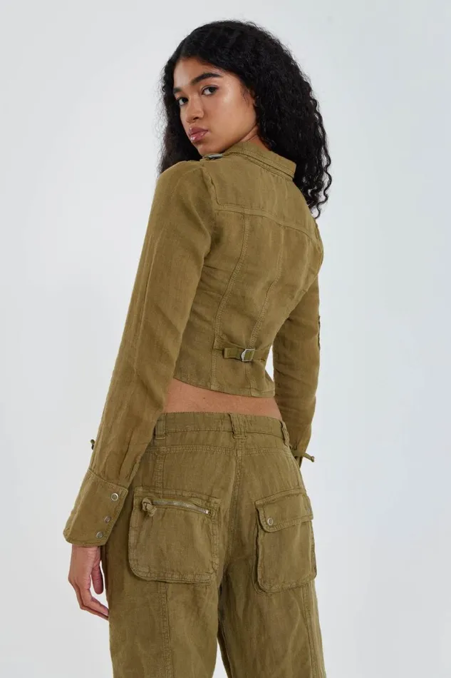 Jaded London CoOrds Women Devon Linen Cargo Shirt Khaki