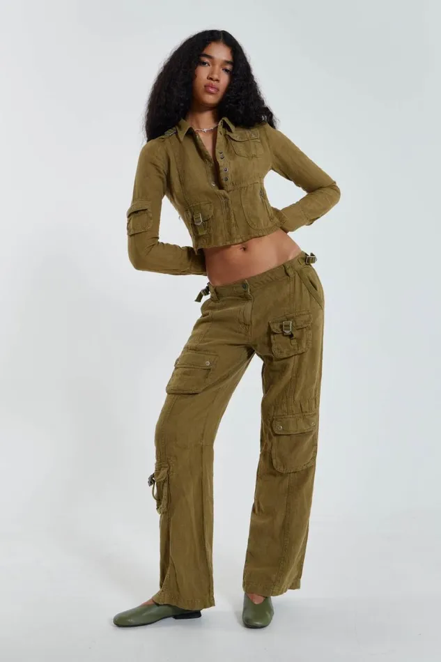 Jaded London CoOrds Women Devon Linen Cargo Shirt Khaki