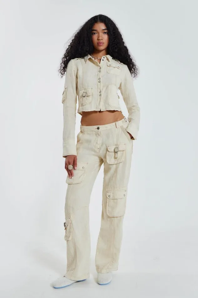 Jaded London CoOrds Women Santal Linen Cargo Shirt Ecru