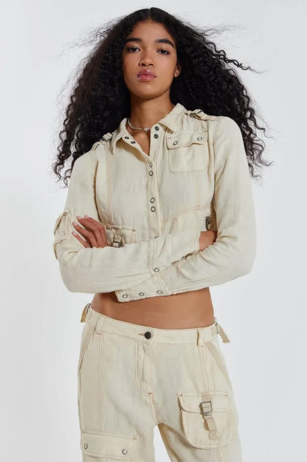 Jaded London CoOrds Women Santal Linen Cargo Shirt Ecru