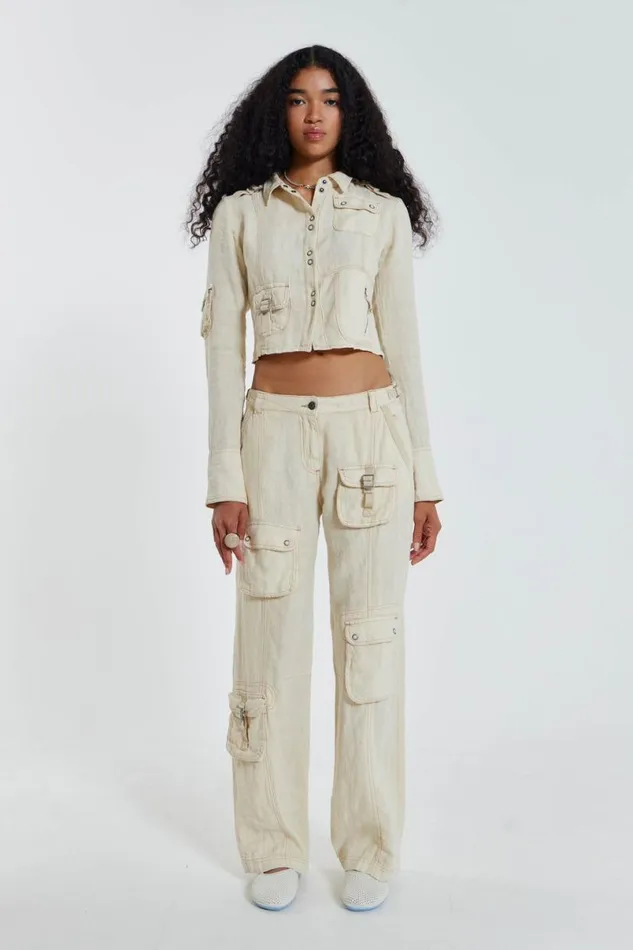Jaded London CoOrds Women Santal Linen Cargo Shirt Ecru