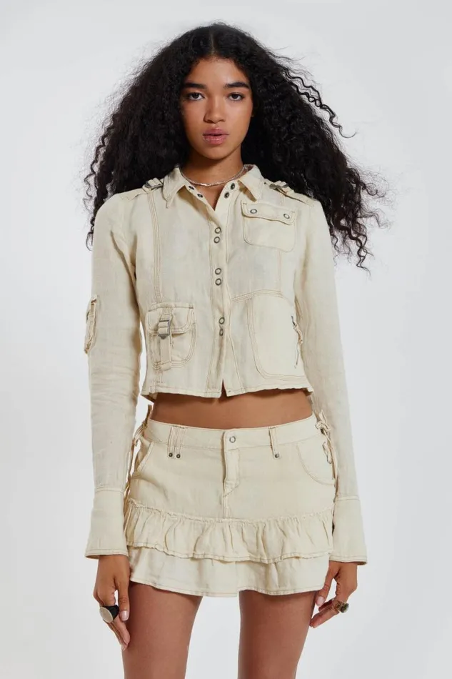 Jaded London CoOrds Women Santal Linen Cargo Shirt Ecru