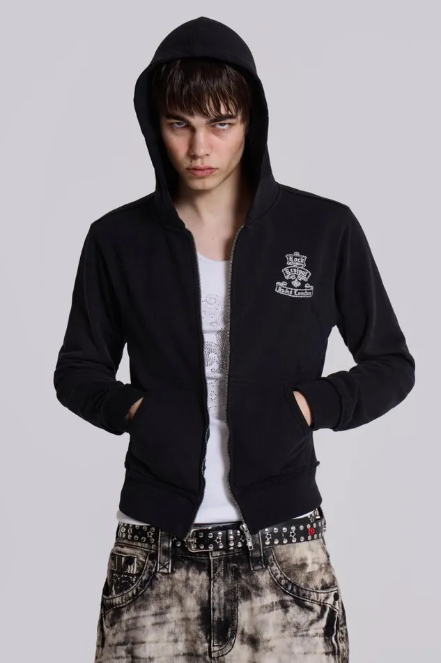 Jaded London Hoodies and Sweatshirts Men Rock Revival Diamante Mini Monster Hoodie Black