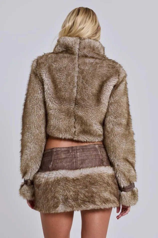 Jaded London Jackets Women Raven Faux Fur and Leather Crop Jacket Brown